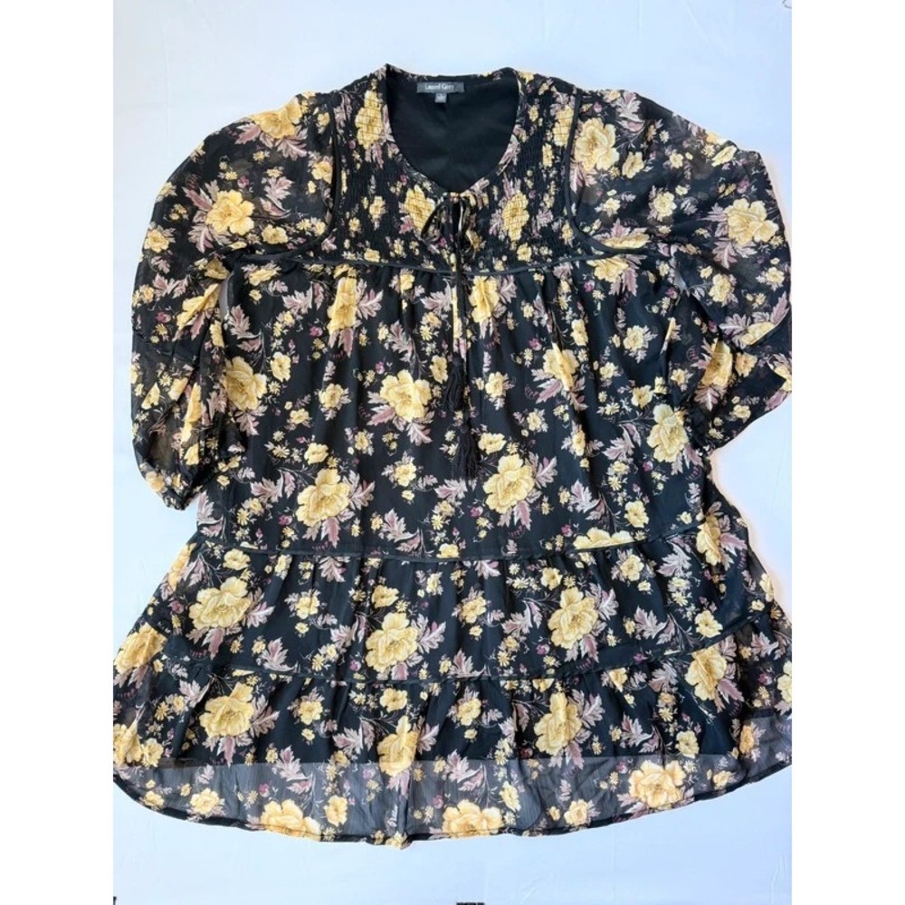 Laurel Grey Women's Large Black Floral Boho Tiered Dress Tassel Tie Long Sleeve